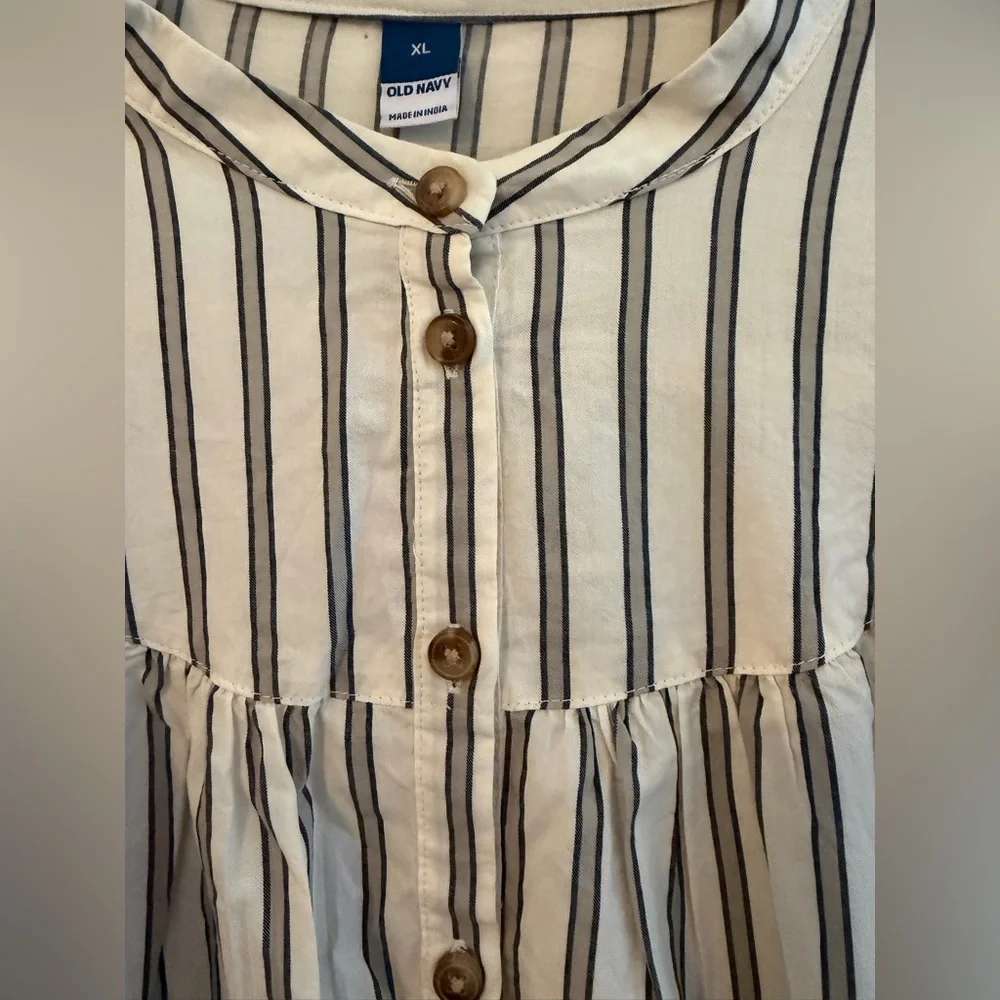 Striped White and Black Button-Up Peasant Blouse